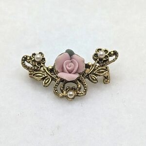 Vintage Gold Tone Porcelain Rose Faux Pearl Brooch Pin